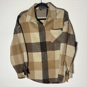 Brown Tan Cream Plaid Button Up Shirt Shacket W Chest Pocket L